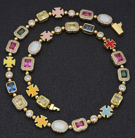 Gold-Plated Colorful Gemstone Hip-Hop Necklace