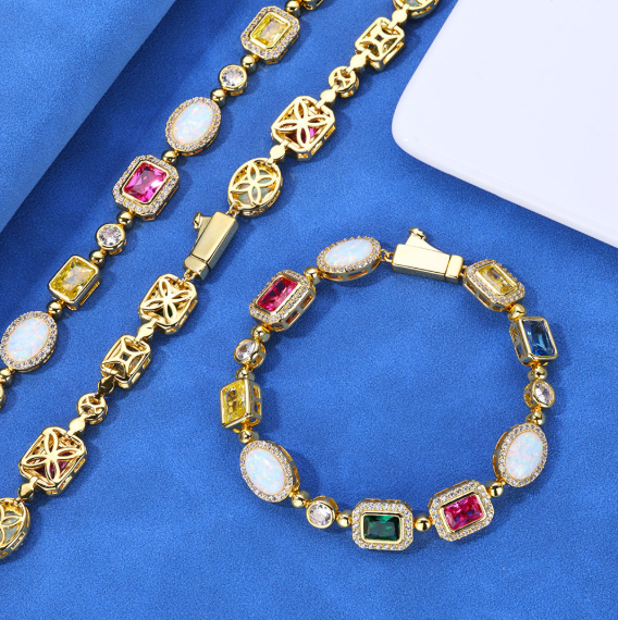 Gold-Plated Colorful Gemstone Hip-Hop Necklace